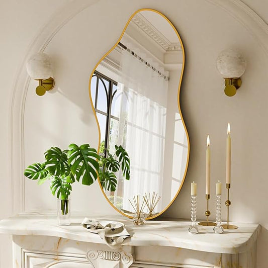 Irregular Wall Mirror 24×46 Inch Wall Mirrors Decorative Gold Modern Asymmetrical Abstract Mirror for Bathroom Bedroom Living Room Entryway Hallway