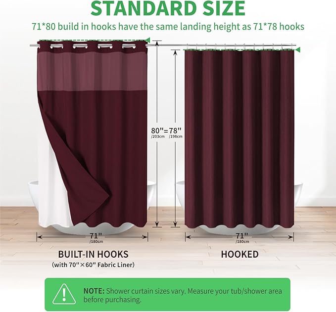 Long No Hooks Needed Linen Textured Shower Curtain with Snap-in Fabric Liner Set,Hotel Luxury Decor Shower Curtains for Bathroom,Waterproof & Washable,71Wx80H,Burgundy