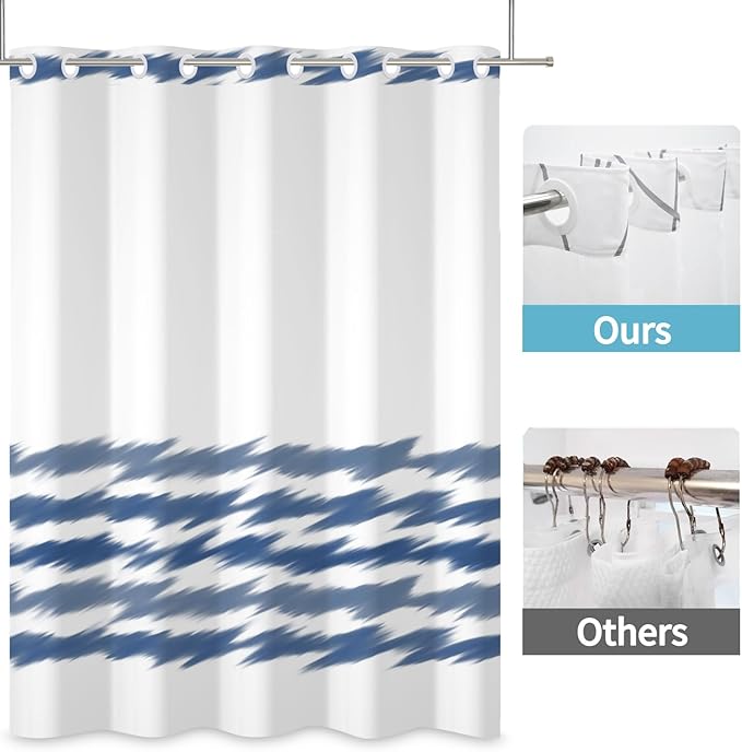 No Hook Blue Striped Shower Curtain with Snap in Fabric Liner Set Washable Wavy Blue Pattern Modern Hotel Quality Shower Curtain with See Through Mesh Double-Layered Curtains for Bathroom 71x74 Inch