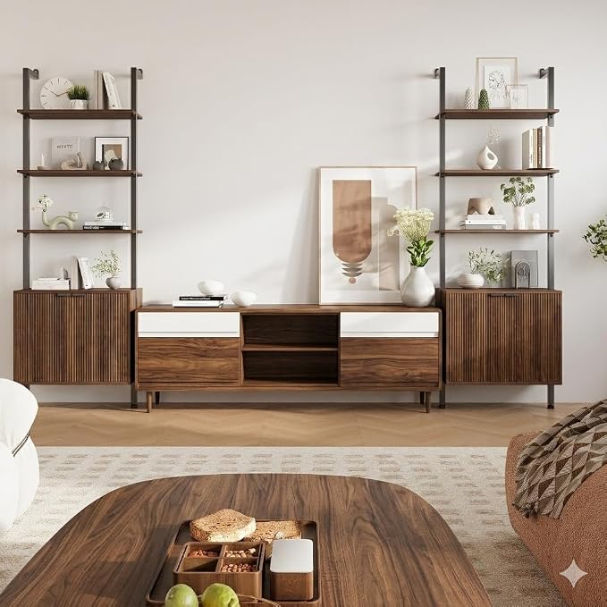 INNOD 74" Tall Bookshelf with Storage Cabinet, Modern Ladder Shelf with Wood and Metal Frame, Wall Mount Bookcase Open Display Shelf Furniture for Living Room, Bedroom, Home Office, Walnut