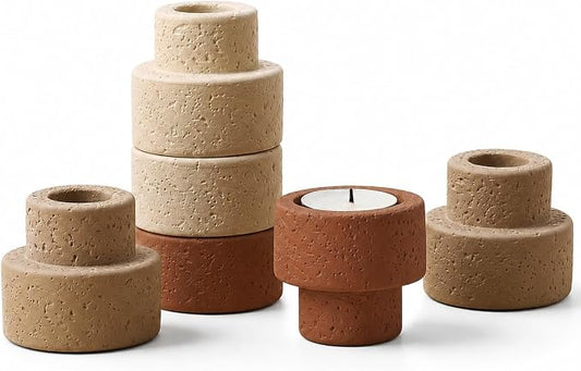 Set of 6 Concrete Candle Holders - Reversible Faux Travertine for 7/8" Taper & 1.5" Tealights, Stackable Heavyweight Minimalist Table Decor with Neutral Colors, Candles Not Included