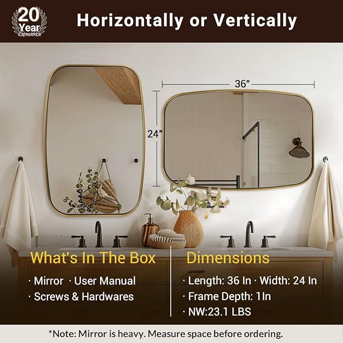 ANDY STAR Brushed Gold Oval Bathroom Mirror, 24x36 Inch Brass Oblong Mirrors for Wall, Modern Vanity Mirror in Stainless Steel Metal Tube Frame, Wall Mount Horizontal or Vertical