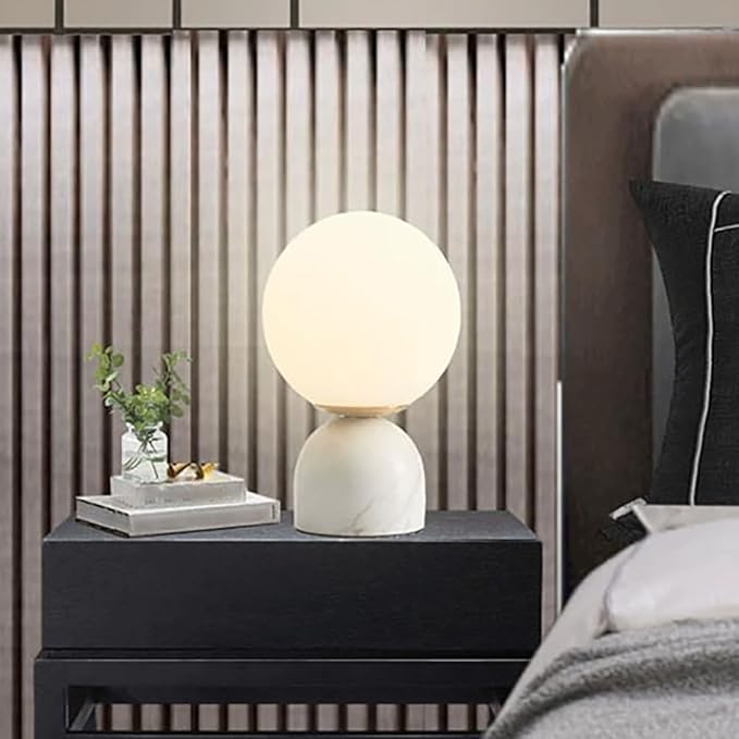 Meefad Globe Bedside Lamp, Modern Cute Night Light with Glass Shade, Marble Base, Small Table Lamp for Bedroom - White