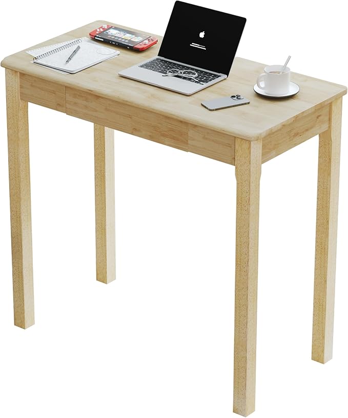 Solid Wood Desk with Drawers - 32 x 16 Inch Simple Narrow Desks, Rubber Wood Study Table, Small Writing Desk for Bedroom|Small Spaces - Natural Boho Desks