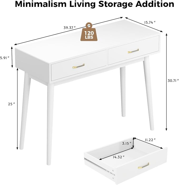 FUNKOCO White Small Desk with Drawers - 40 Inch White Home Office Study Writing Desk for Bedroom, Vanity Desk with 4 Solid Legs, Modern Computer Desk for Small Spaces