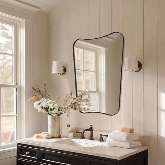 MIRRORTART Contemporary Black Bathroom Mirrors for Wall, 24x36'' Asymmetrical Scalloped Butterfly Rectangle Mirror in Stainless Steel Metal Frame for Home Decor Wall Mounted Vertical Only