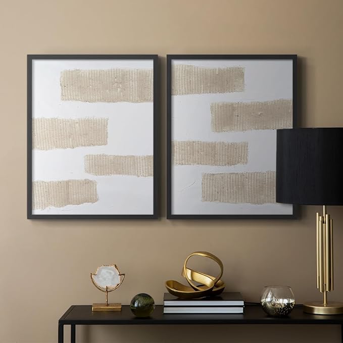 Renditions Gallery Set of 2 Peel & Stick Framed Prints, Modern Abstract Wall Art, Textured Brush Strokes Wall Decor, Re-Stickable - Ready to Hang - 16"x20" - Black Frame LT588