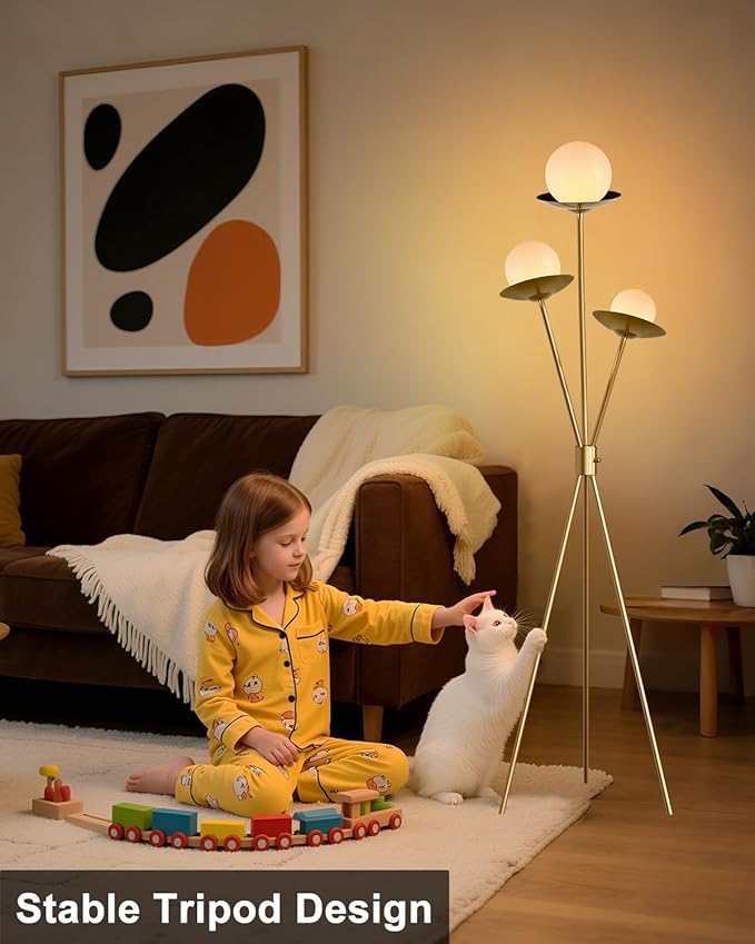 Lightdot Tripod Floor Lamp Dimmable Globe Floor Lamps with 3 LED Bulbs Included, 3000K Soft Warmwhite Mid Century Modern Standing Lamps Gold Tall Lamp for Living Room/Bedroom/Sofa Beside/Corner Decor
