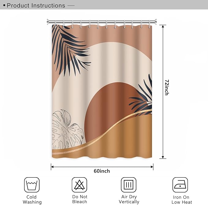 Abstract Mid Century Boho Bathroom Shower Curtain - Orange Sun Eucalyptus Leaves Shower Curtain with Hooks - Waterproof Polyester Fabric - 60x72 Inch