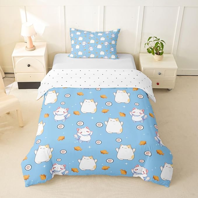Erosebridal Cute Cat Duvet Cover Twin Kawaii Cats Kitten Bedding Set Pet Animals Cat Lovers Comforter Cover for Kids Girls Boys Adults Sushi Snacks Blue Bed Set
