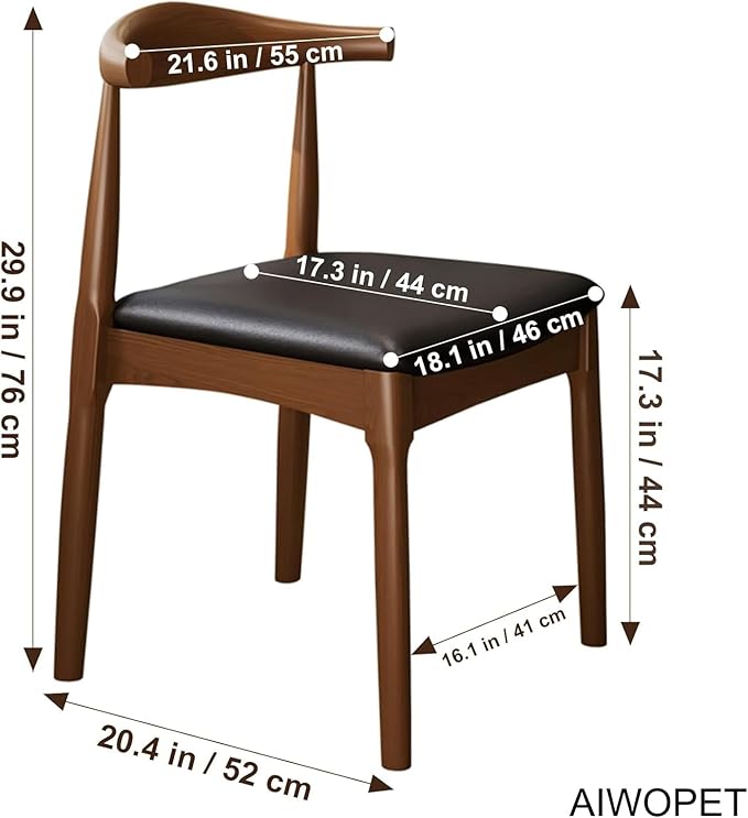 Solid Wood Dining Chair with Walnut Finish Mid Century Modern Upholstered PU Leather Dining Chairs with Curved Backrest for Dining Room, Kitchen, Study Room, Walnut Color