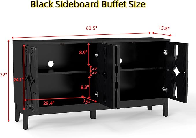 LKTART Black Sideboard Buffet with Hollow Carved Doors and Outlet Holes,Accent Cabinet,Credenzas Storage Cabinet for Living,Kitchen