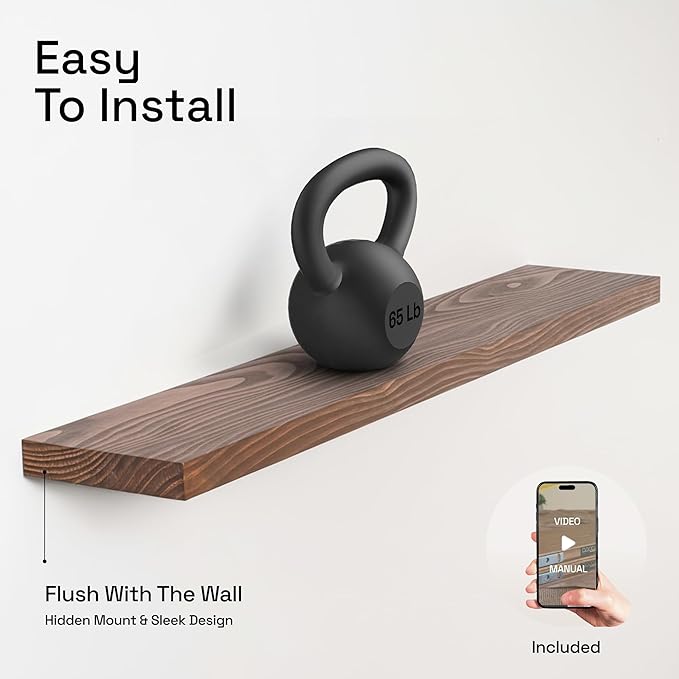 BAOBAB WORKSHOP Solid Wood Floating Shelves for Wall 36 Inches Long, Heavy Duty Wall Shelf for Bedroom 36 Inch Large, Real Wooden Bathroom Shelf Kitchen Rustic, Walnut Shelves, 36W × 6.7D, Set of 2