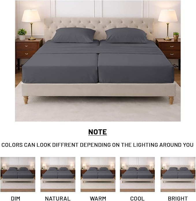 SGI Split King Sheet Set for Adjustable Bed Egyptian Premium Cotton 600 Thread Count Sheets for Sleep Number Bed 15" Deep Pocket 5 Pc Set with 2 Twin XL Fitted Sheets Soft Breathable -Dark Gray