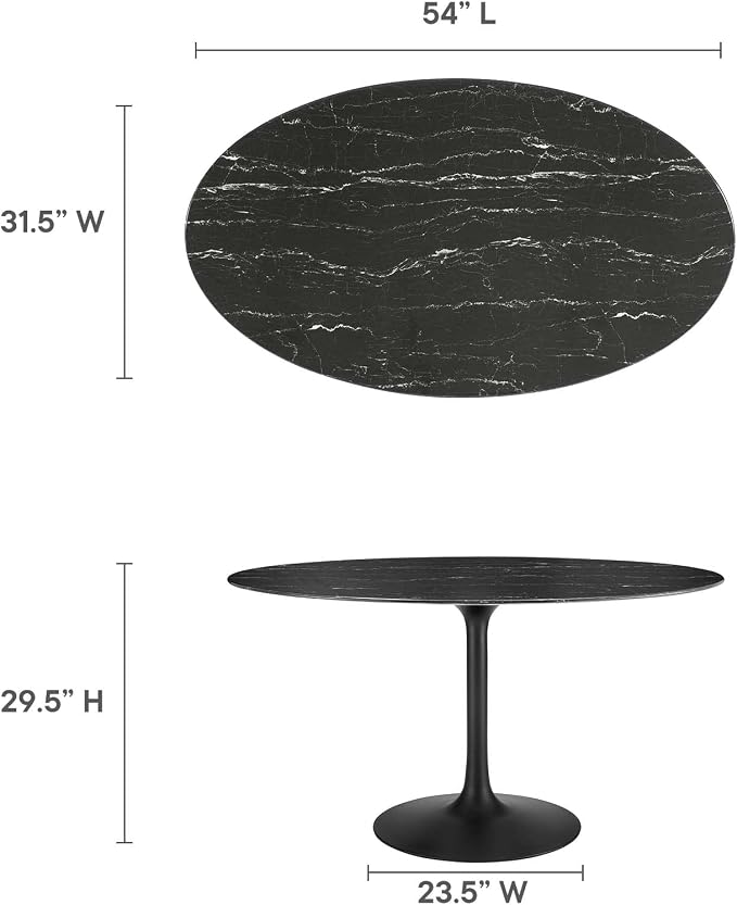 Modway Lippa Oval 54" Mid-Century Modern Artificial Marble Dining Table in Black Black