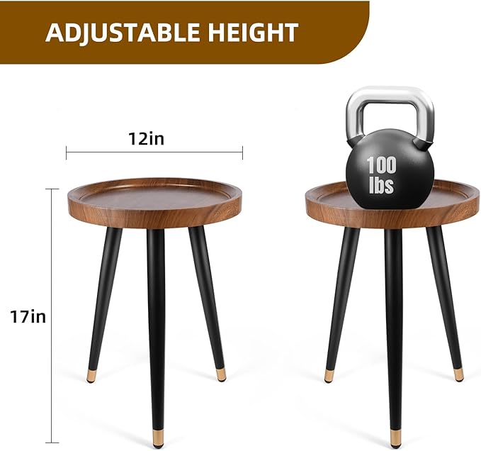 KGPLOME Indoor Plant Stand with Raised Design, End Table with Metal Tall | 11.8"x17" Walnut Round Wood Mid Century Plant Table Heavy Duty Small Side Flower Pot Stand