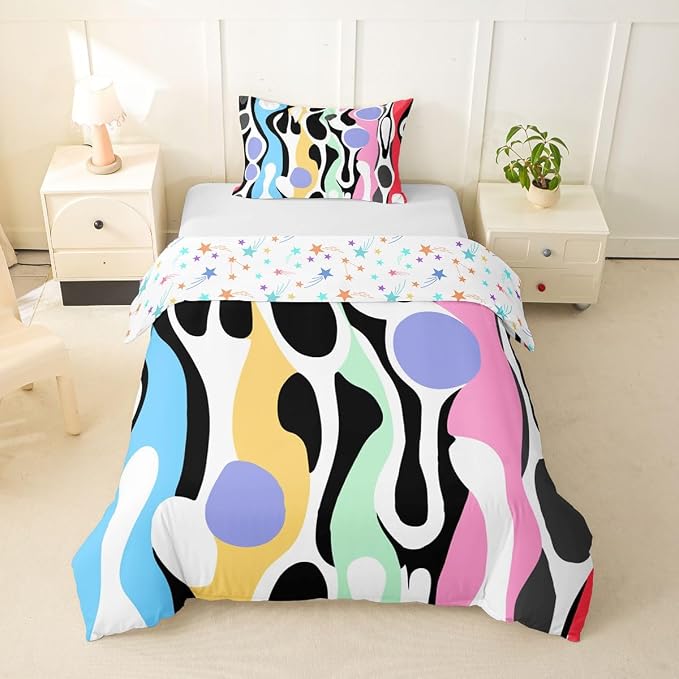 Erosebridal Organic Abstract Duvet Cover Set Modern Contemporary Twin Bedding Sets for Girls Child Boys Boho Mid Century Wavy Lines Comforter Cover Retro Geometric Bed Set,Rainbow Purple