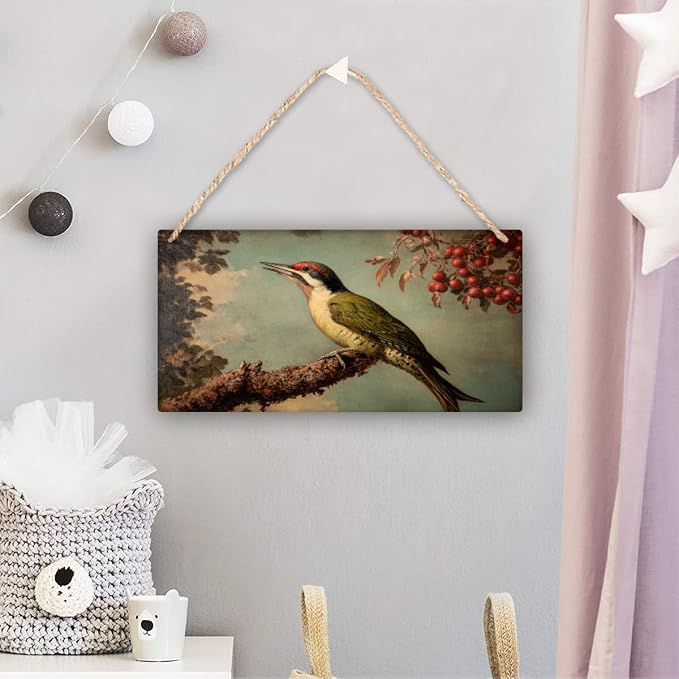 Retro Woodpecker Portrait Wooden Sign 12x6 Inch, Nature-Inspired Wall Decor for Country Homes, Study Room Accent, Ideal Gift for Bird Watchers & Vintage Art Aficionados