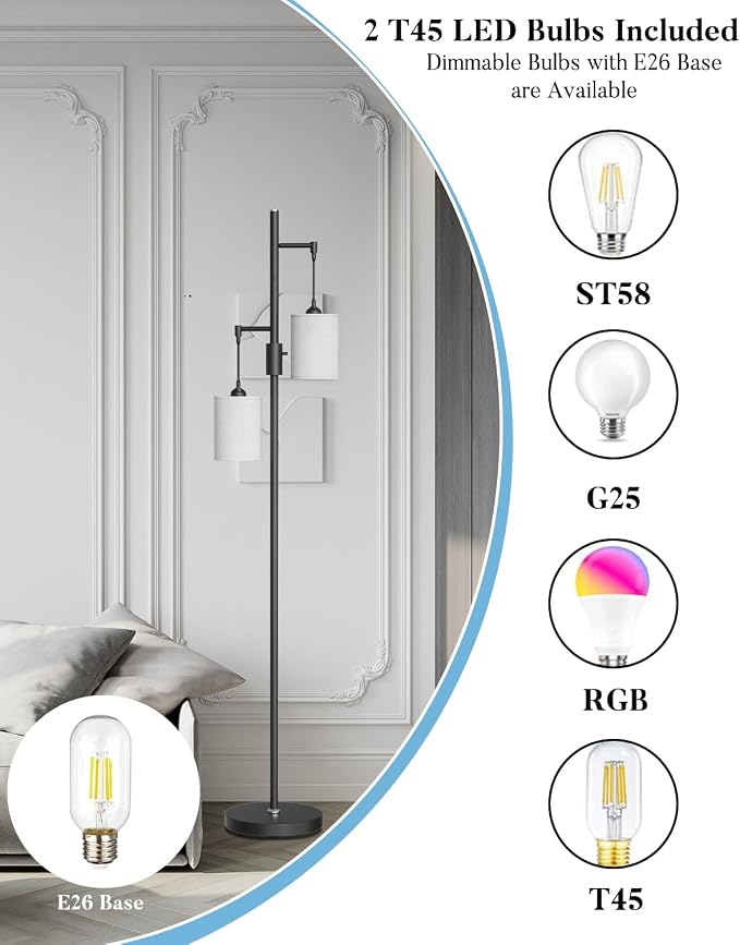 Lightdot 65IN Black Floor Lamp for Living Room, Industrial 2-Light Tree Floor Lamps with Linen Shade, Modern Standing Tall Lamp with 5Lbs Heavy Base for Bedroom/Sofa Beside/Corner Decor(Bulb Included)
