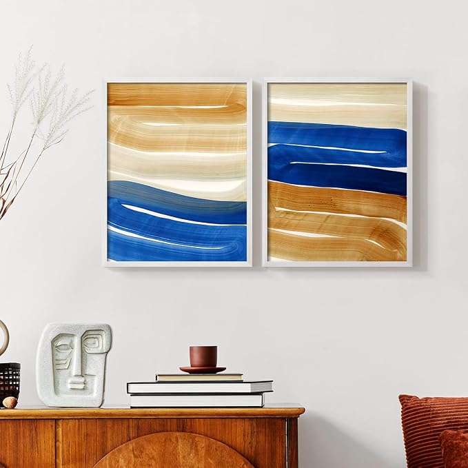 Renditions Gallery Set of 2 Peel & Stick Framed Prints, Abstract Wall Art, Blue and Gold Wave Textured Background Wall Decor, Re-Stickable - Ready to Hang - 16"x20" - White Frame LT588