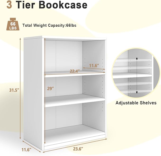 3-Tier Bookcase, 71 Inches, Wooden Open Display Floor Bookshelf with Adjustable Shelves (White)