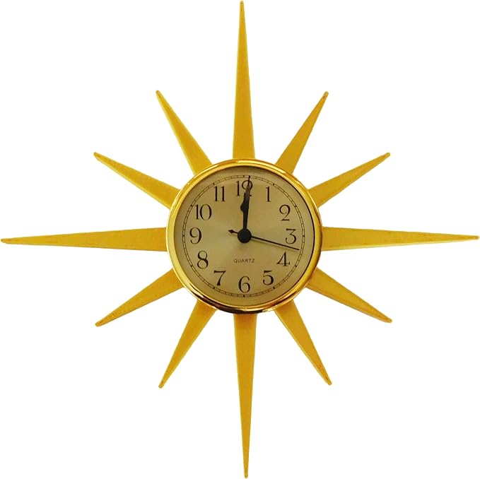 Small Mid Century Modern Sunburst Wall Clock – Retro Gold Atomic Starburst Design, Vintage Style Wall Decor, Quartz Movement, 3D Printed with Metalic Gold Plastic