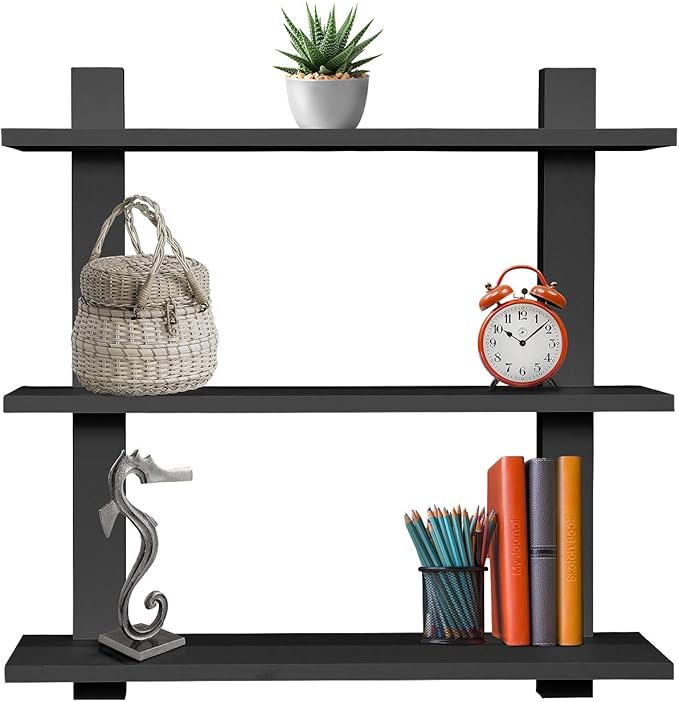 Sorbus Bathroom Shelves - 3-Tier Wall Mounted Floating Shelves for Books, Trophies, Wall Decor, Kitchen, Living Room & Bathroom Decor - Decorative Hanging Display Over the Toilet Storage Shelf - Black