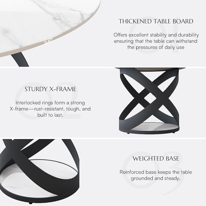POVISON 59" Modern Dining Table, Glossy White Round Dining Table for 6, Sintered Stone Dining Tabletop with Black X Carbon Steel Base (Table Only)