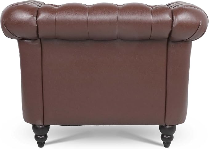 LEVNARY Leather Chesterfield Chair, Mid-Century Modern Single Sofa Chair, Tufted Upholstered Rolled Armchair for Home Bedroom Reading Room (Dark Brown)
