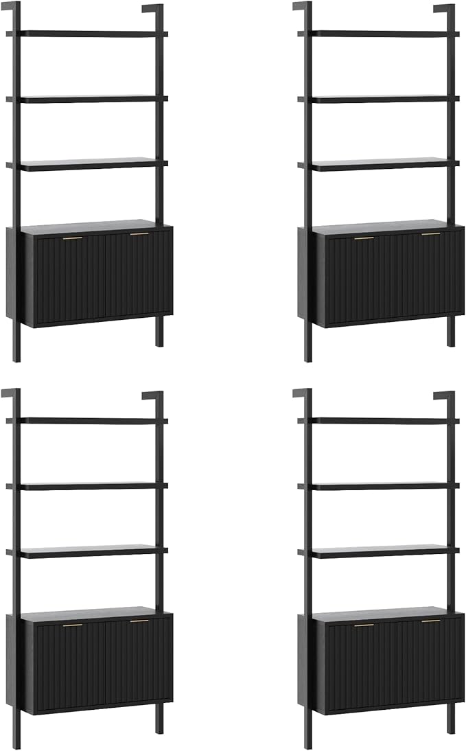 Nathan James Jasper 3-Shelf Solid Wood Boho Bookshelf, Wall Mounted Bookshelf with Cabinet with Fluted Doors, Black Oak, Set of 4