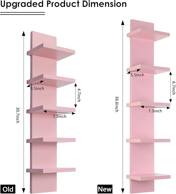 Homaterial 5 Tier Wall Shelf Unit, Decorative Wall Mount Vertical Shelving,Modern Column Floating Shelves for Bedrooms, Living Rooms 36.6" Height Pink