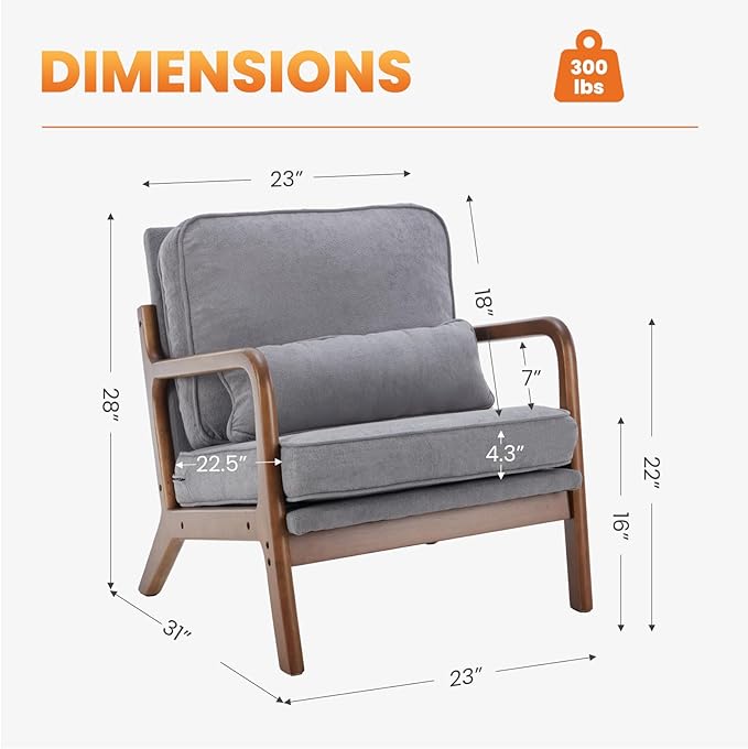 DUMOS Accent Chair Mid Century Modern Chair with Arms and Waist Cushion, Reading Chairs for Adults with Solid Frame, Lounge Side Sitting Armchair for Living Room, Bedroom, Balcony, Light Grey