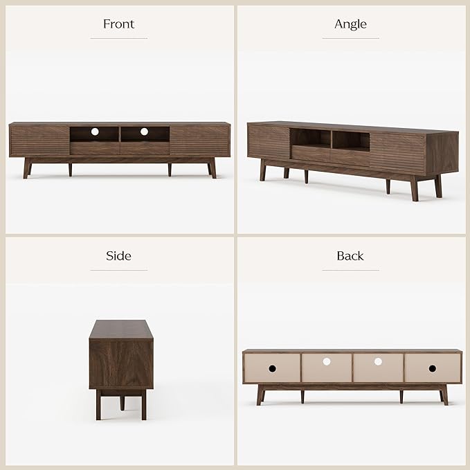 TOLEAD 70" TV Console with Fluted Sliding Doors, Mid Century Modern TV Stand for 55/65/75 Inch TV, Low Profile, Boho Media Console Credenza for Living Room, Walnut