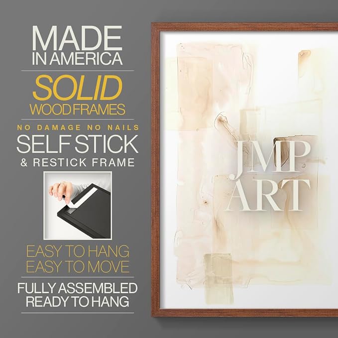 Renditions Gallery Set of 2 Peel & Stick Framed Prints, Abstract Wall Art, Mixed Handmade Oil Painting Wall Decor, Re-Stickable - Ready to Hang - 16"x20" - Walnut Frame LT588