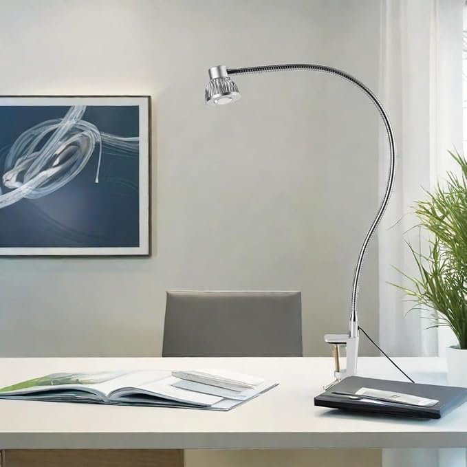 Hersi 5w 30‘’Long Swing Arm 110v/220v Desk Lamp Metal Architect LED Task Light with Clamp, Adjustable Folding Twin-Arm Clip-on Table Lamp,Silver (Silver)