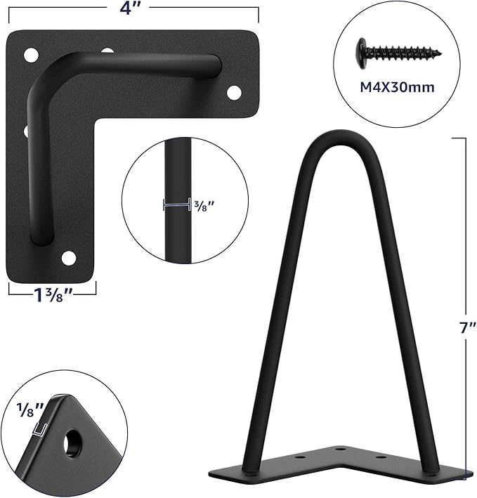 SMARTSTANDARD 7 Inch Heavy Duty Hairpin Furniture Legs, Metal Home DIY Projects for TV Stand, Sofa, Dresser with Rubber Floor Protectors Black 4PCS