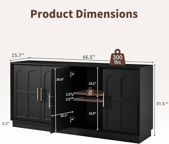 66.5" Sideboard Buffet Cabinet with Storage, Modern Credenza with Arched Doors, Large Wood Accent Cabinet for Living Room Entryway (Black)