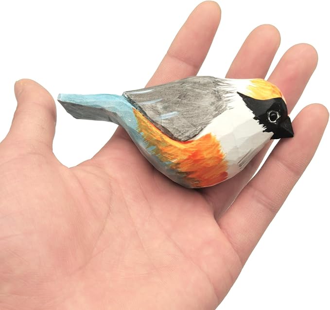 DIYOMR Bird Figurine, Hand Carved Birds Wood Décor, Art Animal Wooden Sculpted Bird with Wood Block, Vivid Bird Statue for Gift Home Table Ornament Decor (Red-Headed Tit)