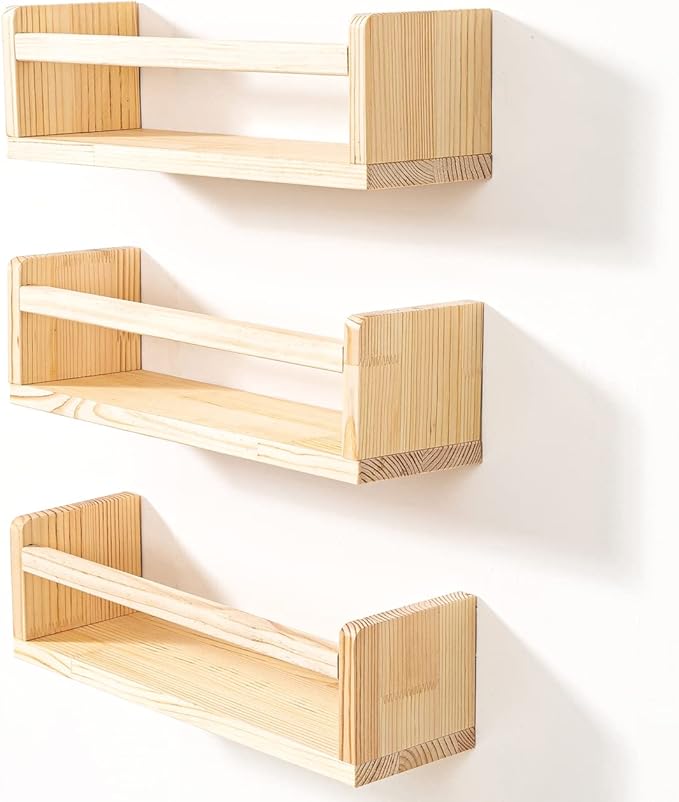 AZSKY Floating Nursery Book Shelves for Wall Set of 3, Wood Bookshelf for Kids Room, Small Bookshelf Wall Mounted for Baby Teen Boys Girls Bedoom Bathroom Decor Storage