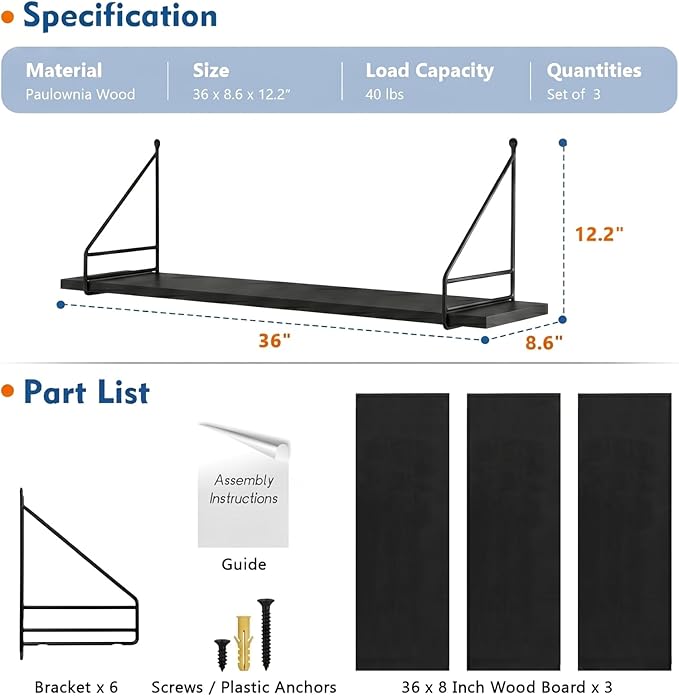 Harwaya Black Wall Mounted Bookshelf 36 Inch Long, Large Floating Book Shelves for Wall, Deep Hanging Bookshelves with High Bookend for Bedroon Living Room Office Kitchen Storage (Black)