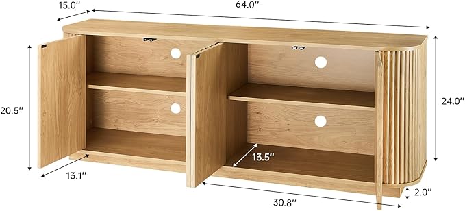 LKTART 64" Sideboard Buffet Cabinet with Storage, Wooden Fluted Storage Cabinet Sideboard Credenza with Adjustable Shelves Pressed Spring for Kitchen Living Room (Natural Oak)