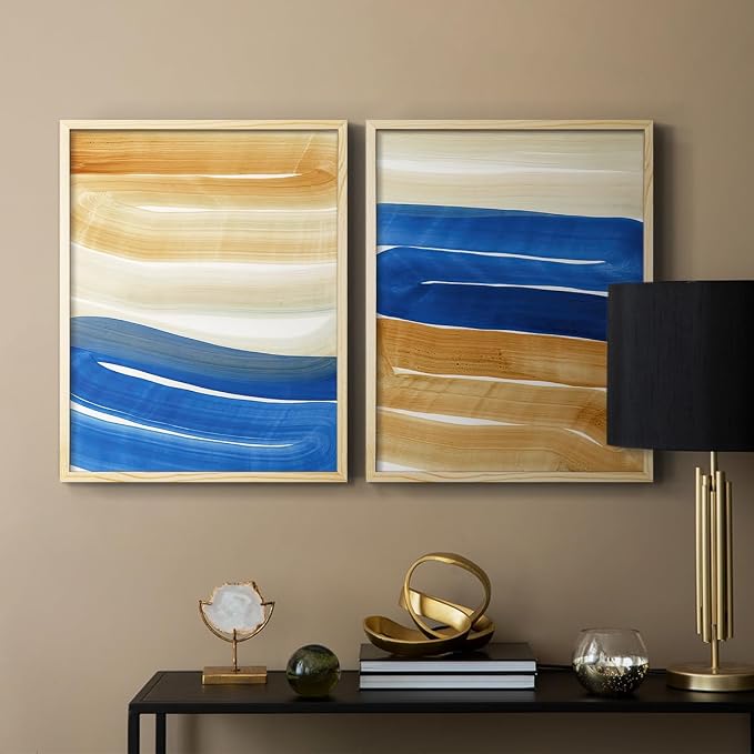 Renditions Gallery Set of 2 Peel & Stick Framed Prints, Abstract Wall Art, Blue and Gold Wave Textured Background Wall Decor, Re-Stickable - Ready to Hang - 16"x20" - NATURAL WOOD Frame LT588