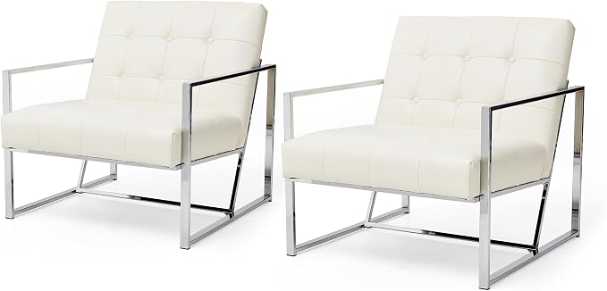 Glitzhome Mid Century Modern Accent Chairs Set of 2, Modern Living Room Chairs with Durable Metal Frame,PU Leather Cushioned, Reading Armchairs for Living Room, Bedroom, Home Office, Off White