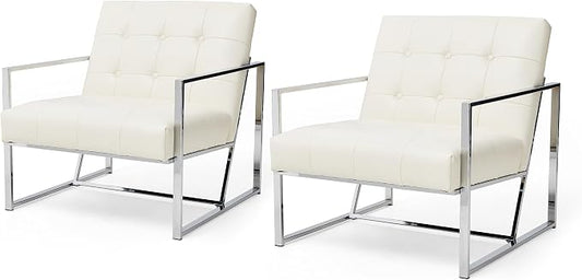 Glitzhome Mid Century Modern Accent Chairs Set of 2, Modern Living Room Chairs with Durable Metal Frame,PU Leather Cushioned, Reading Armchairs for Living Room, Bedroom, Home Office, Off White