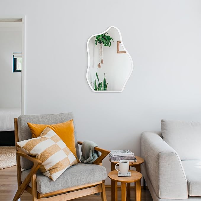 Wood Frame Hanging Mirror Asymmetrical Irregular Wall Mirror Unique Shape Modern Mirror Artistic Cloud Decorative Mirror for Living Room Bedroom Vanity Bathroom Entryway Hallway White