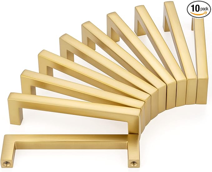 KOOFIZO Solid Square Bar Cabinet Handle - Brushed Gold Furniture Pull, 3 Inch/76mm Screwhole Distance, 10-Pack for Kitchen Cupboard Door, Bedroom Dresser Drawer, Bathroom Wardrobe Hardware