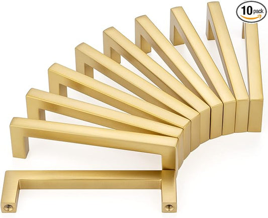 KOOFIZO Solid Square Bar Cabinet Handle - Brushed Gold Furniture Pull, 3 Inch/76mm Screwhole Distance, 10-Pack for Kitchen Cupboard Door, Bedroom Dresser Drawer, Bathroom Wardrobe Hardware