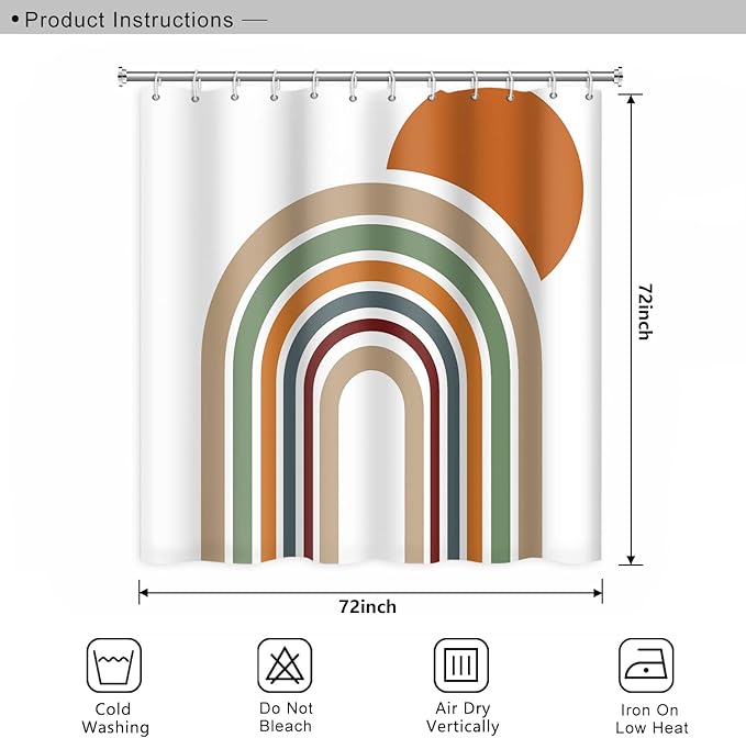 Mid Century Bohemian Shower Curtain - Colorful Stripes Arch Orange Sun Boho Design With Hooks, Waterproof Fabric Polyester, Aesthetics Home Decor, 72x72 Inch