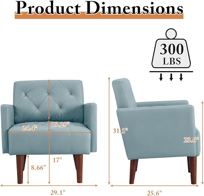 Faux Leather Accent Chair, Modern Retro Arm Chair for Living Room and Bedroom Tufted Upholstered Sofa Club Chair Comfy Armchair for Small Spaces Bedroom Office (Blue)