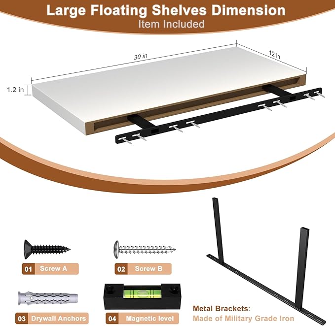12 Inch Deep Floating Shelves, 30" W x 12" D Wood Floating Shelves for Wall, Large Storage Space Wall Mount Shelf with Invisible Brackets for Living Room Kitchen Bathroom, 1 Pack, White